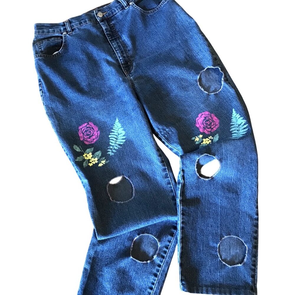 Upcycled Jeans w/Cut-Outs, Painted Flower Funky Pants Size 16 Short